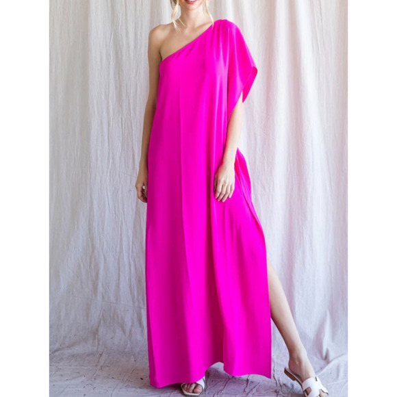 Vici Hot Pink One Shoulder Loose Fit Maxi Dress Drape Size Large Neon Futuristic - Picture 1 of 8